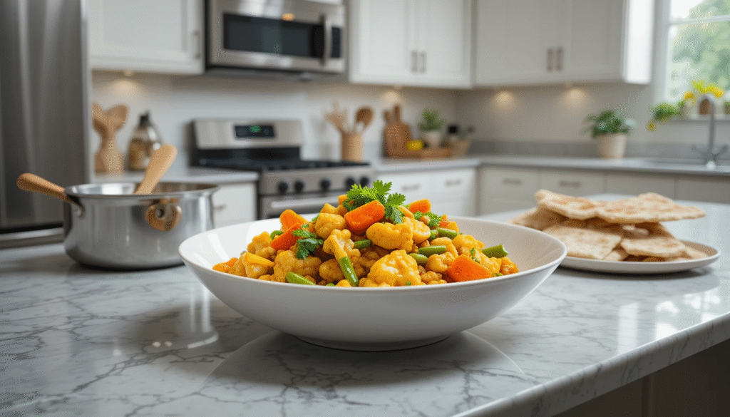 White ceramic bowl of vegetable korma on a quartz countertop in a modern kitchen with white cabinets and stainless steel appliances.