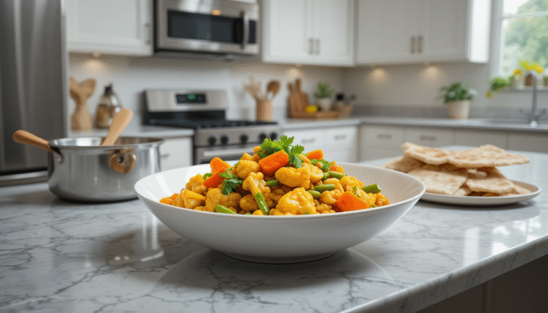 White ceramic bowl of vegetable korma on a quartz countertop in a modern kitchen with white cabinets and stainless steel appliances.