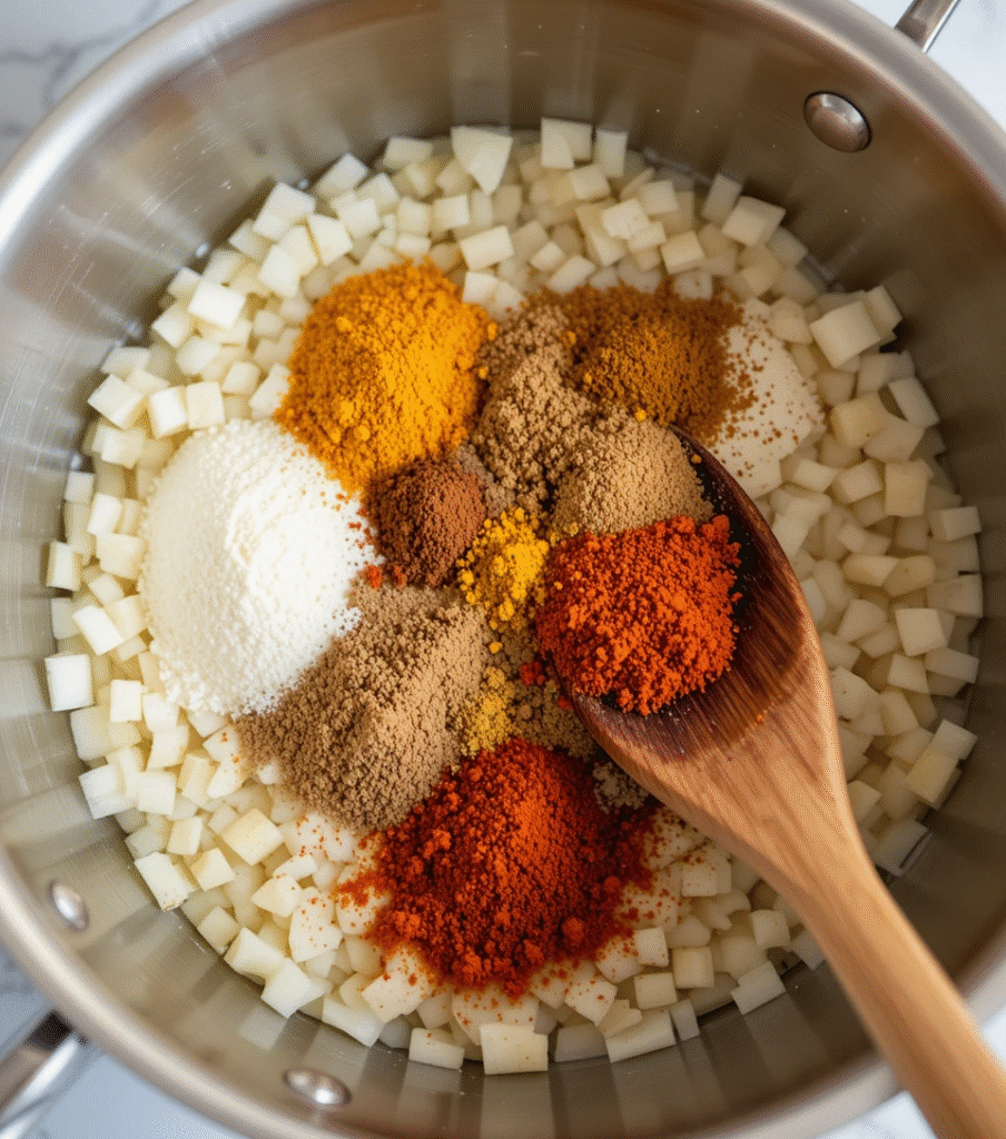 Chana Masala Ground spices being stirred into caramelized onions showing colorful turmeric and garam masala in steel pan