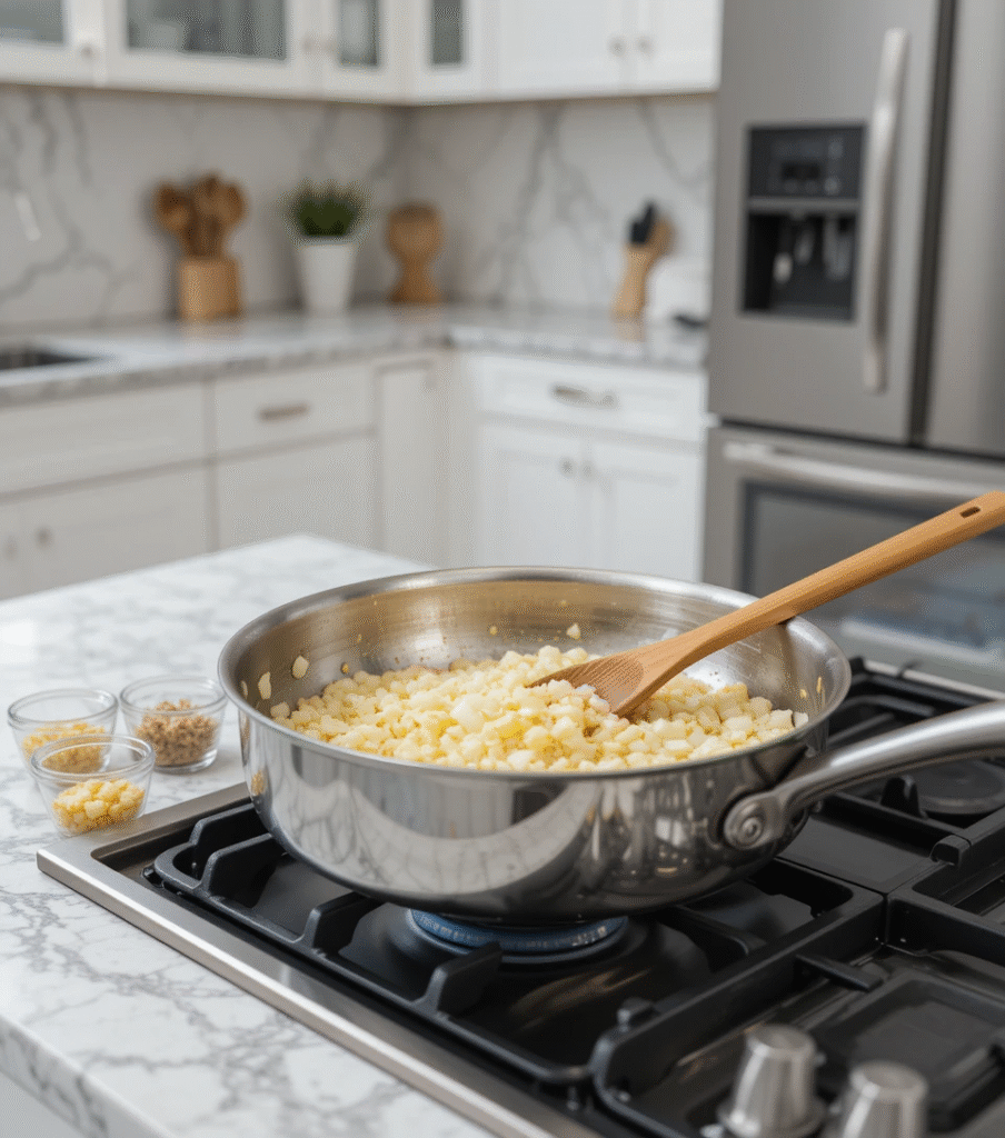 Vegetable Korma Caramelized onions in a stainless steel pan with garlic and ginger nearby in a modern kitchen with quartz countertop.