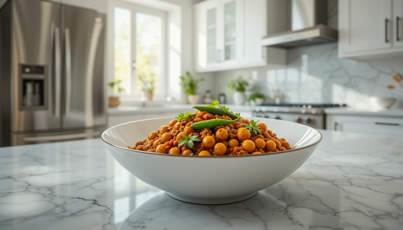 Chana Masala Overhead view of chana masala served with basmati rice, naan bread, papadums and raita on white marble counter