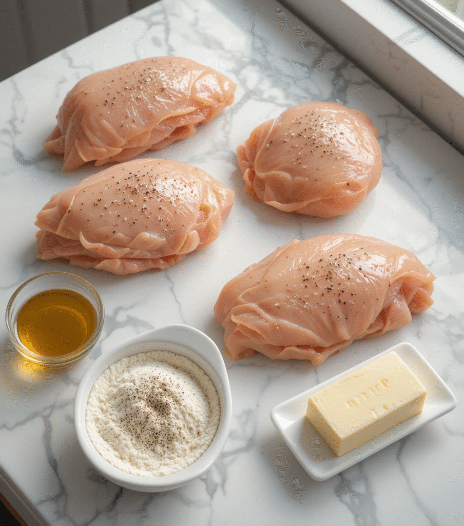 Fresh chicken breasts with seasoned flour, olive oil, and butter for Chicken Marsala recipe