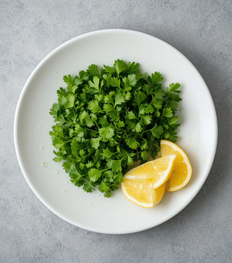 Fresh chopped parsley and lemon wedges for Chicken Marsala garnish