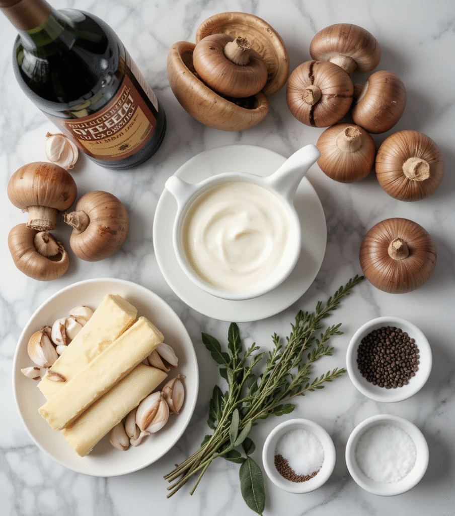 Mixed mushrooms, Marsala wine, heavy cream, herbs, and aromatics for Chicken Marsala sauce