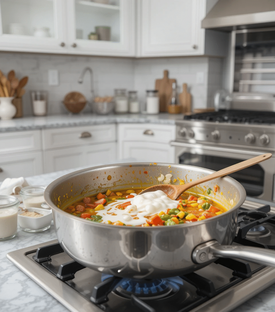 Vegetable Korma Vegetable korma sauce in a stainless steel pan in a modern kitchen with quartz countertop.