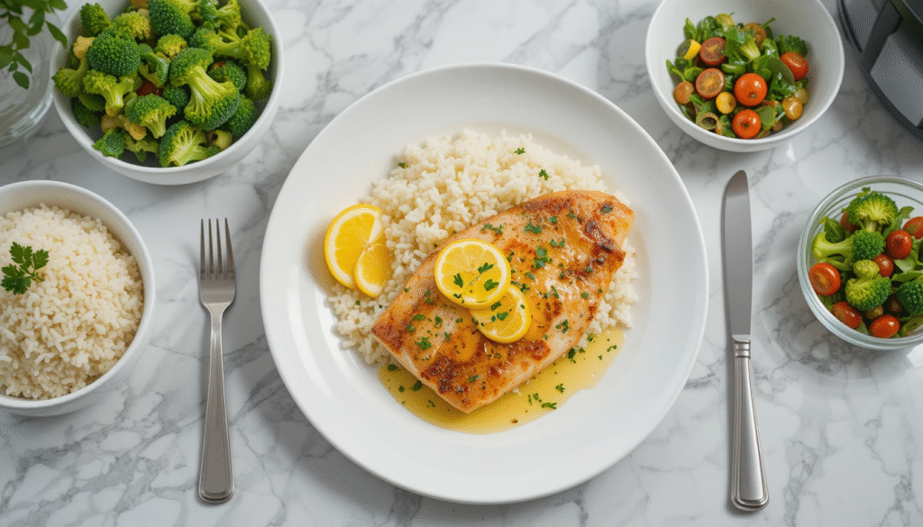Plated air fryer tilapia dinner with lemon butter sauce served alongside jasmine rice, steamed broccoli and fresh salad
