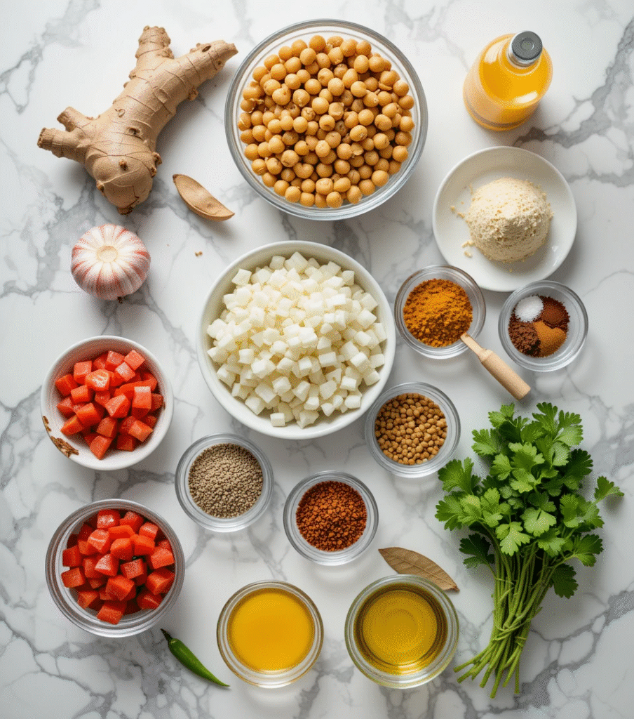 Chana Masala Overhead view of all chana masala ingredients arranged on white marble counter including chickpeas, spices, and fresh herbs