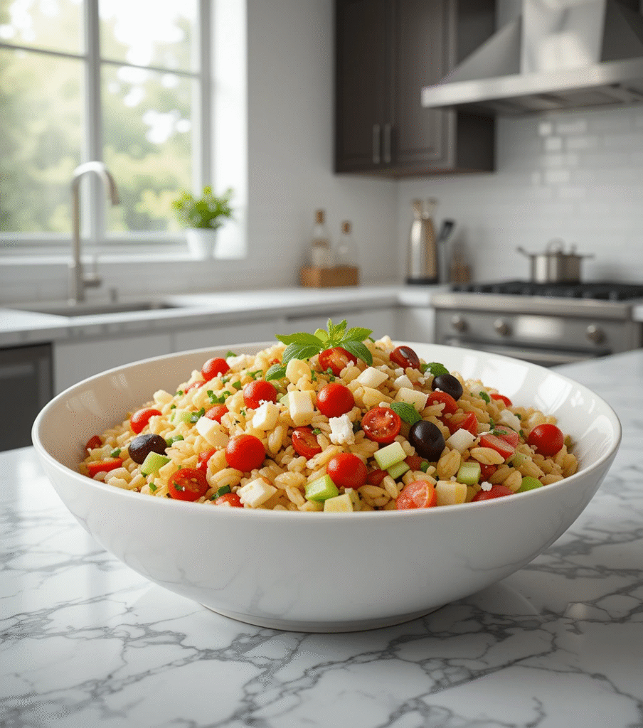 Complete Mediterranean orzo salad recipe presentation with main serving bowl and ingredient components on marble kitchen countertop