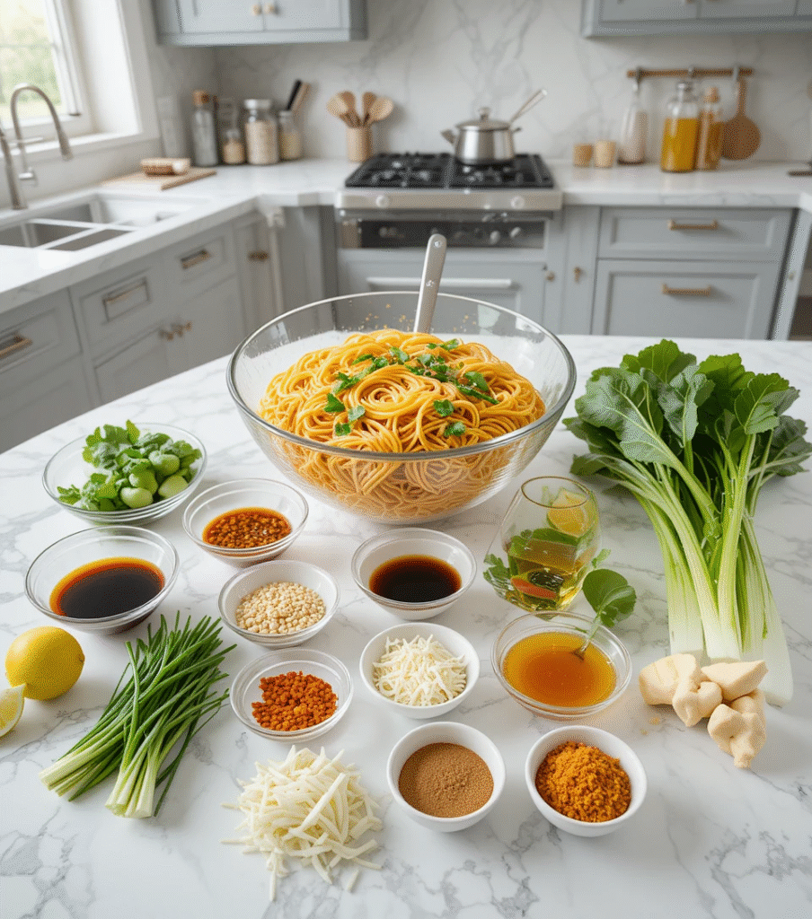 Organized layout of fresh ingredients for spicy noodles including ramen noodles, vegetables, sauces, and spices on white marble countertop