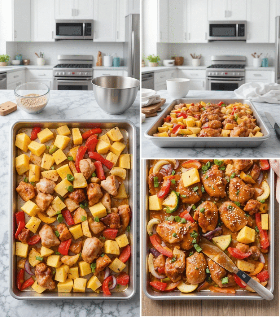 A vibrant Easy Hawaiian Chicken Sheet Pan golden-brown chicken thighs, colorful bell peppers, pineapple chunks, red onion, and zucchini, garnished with sesame seeds and green onions