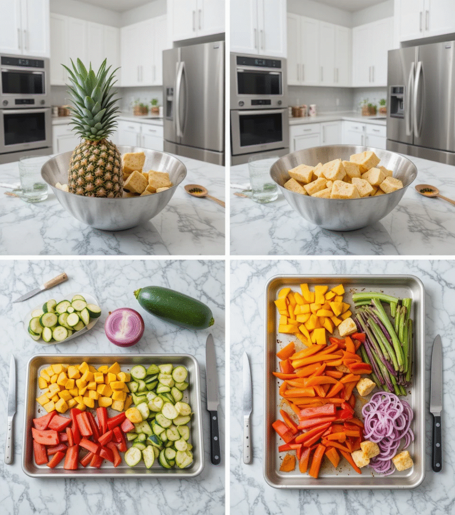 Raw vegetables for the Easy Hawaiian Chicken Sheet Pan Recipe, including fresh pineapple chunks, red and yellow bell pepper strips, red onion slices, and zucchini half-moons