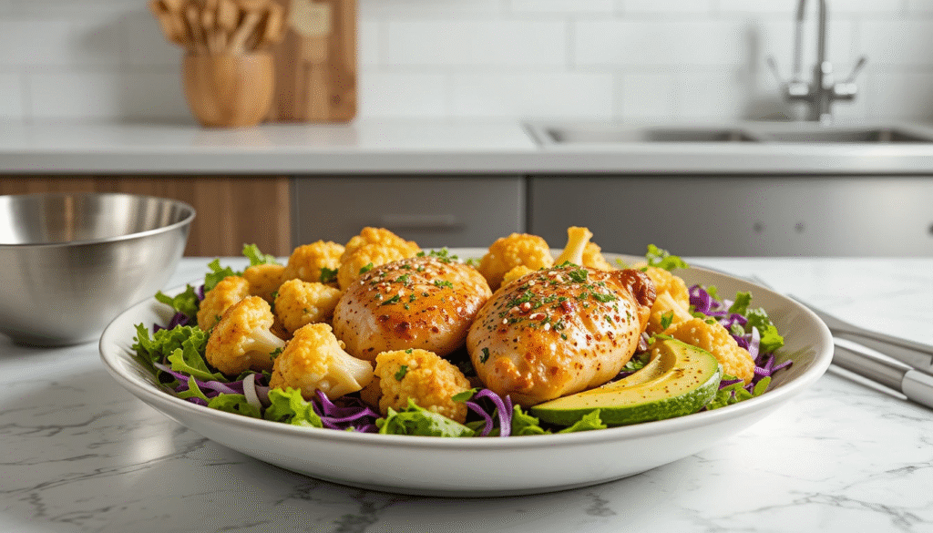 Sheet Pan Chicken and Cauliflowerflorets in a white ceramic bowl with avocado slices and mixed greens on a light stone counter.