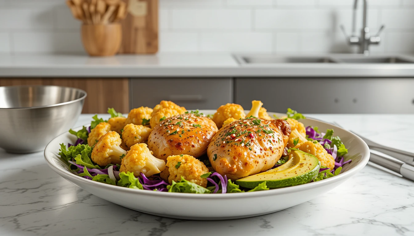 Sheet Pan Chicken and Cauliflowerflorets in a white ceramic bowl with avocado slices and mixed greens on a light stone counter.