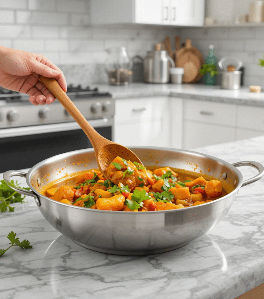 Vegetable Korma Finished vegetable korma in a stainless steel pan with cilantro garnish in a modern kitchen with quartz countertop.