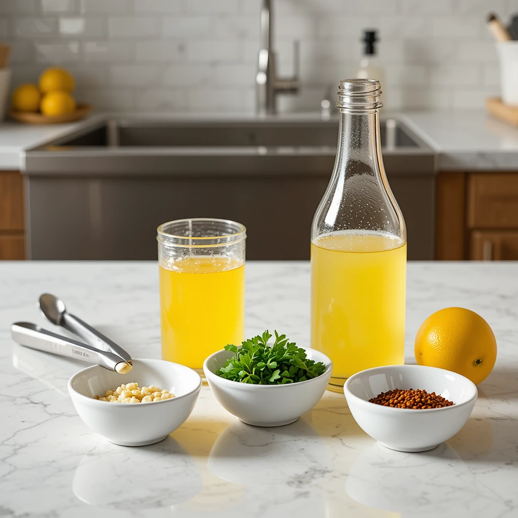 Sheet Pan Chicken and Cauliflower Lemon juice, minced garlic, chopped parsley, and red pepper flakes in small bowls on a light stone counter in a modern kitchen.