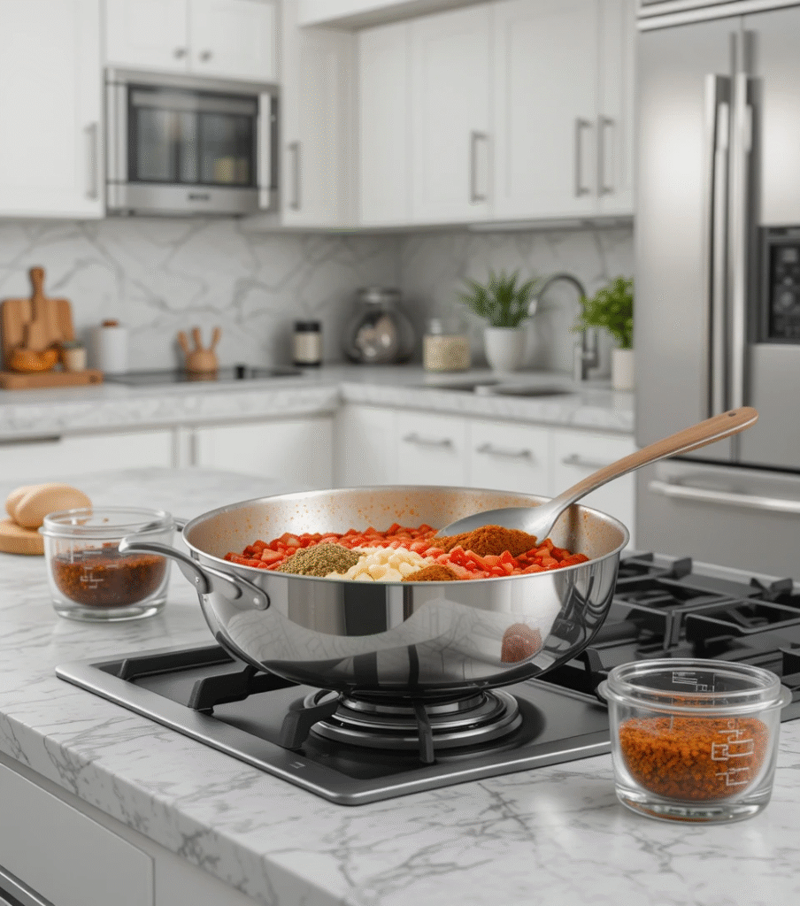 Vegetable Korma Spice paste with tomatoes in a stainless steel pan in a modern kitchen with quartz countertop.