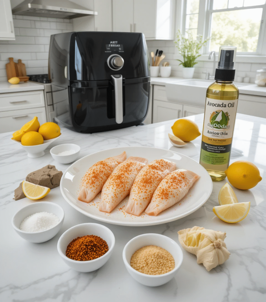 Fresh tilapia fillets and seasoning ingredients including smoked paprika, sea salt, black pepper and garlic powder arranged on white marble counter in modern kitchen