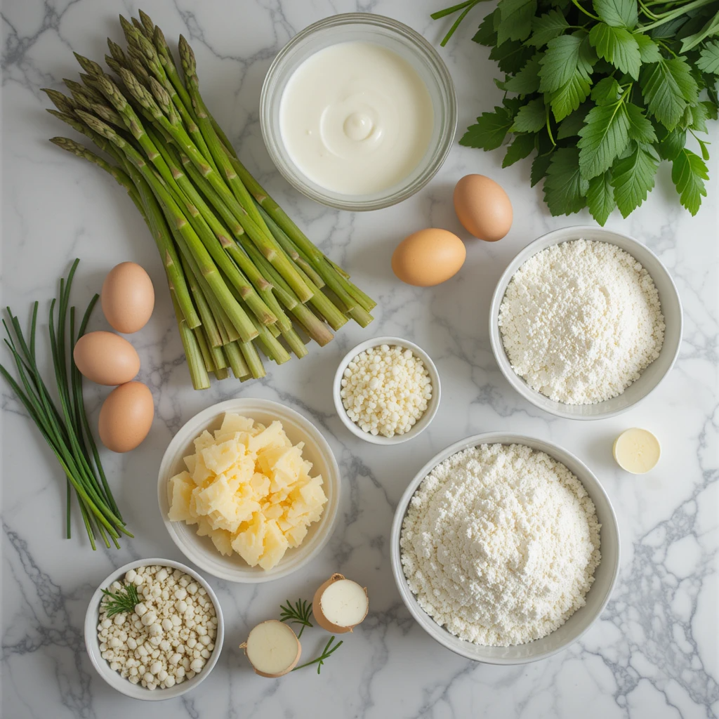 Asparagus quiche ingredients laid out on marble counter including fresh asparagus, eggs, cream, cheese, and herbs
