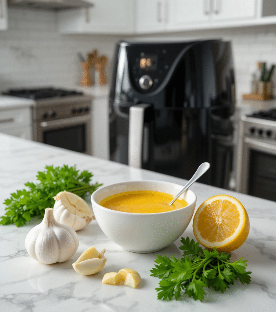 Lemon butter sauce ingredients including melted butter, fresh garlic cloves, cut lemon and parsley arranged on white marble counter in modern kitchen