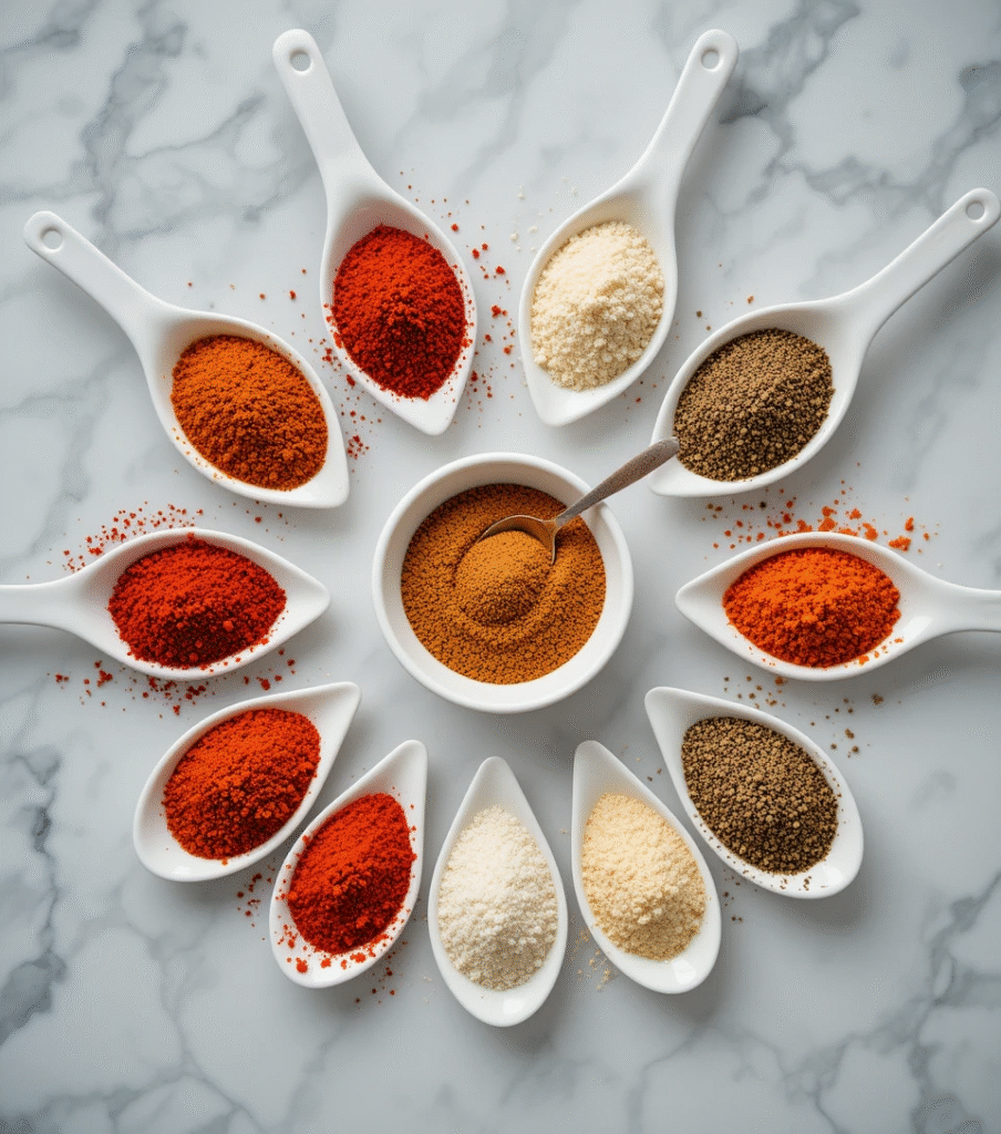 Sheet Pan Chicken Fajitas Fajita seasoning spices arranged in white bowls including chili powder, cumin, paprika, garlic powder, onion powder, oregano, salt, pepper, and cayenne