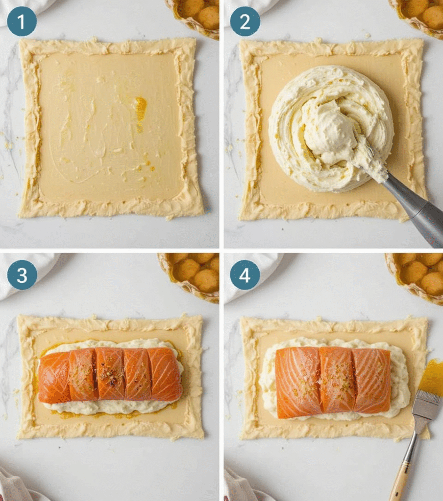 Four-panel collage showing Salmon Wellington assembly steps from pastry preparation to final wrapping