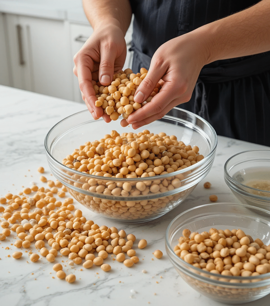 Chana Masala Hands sorting dried chickpeas on white marble counter removing stones and damaged beans