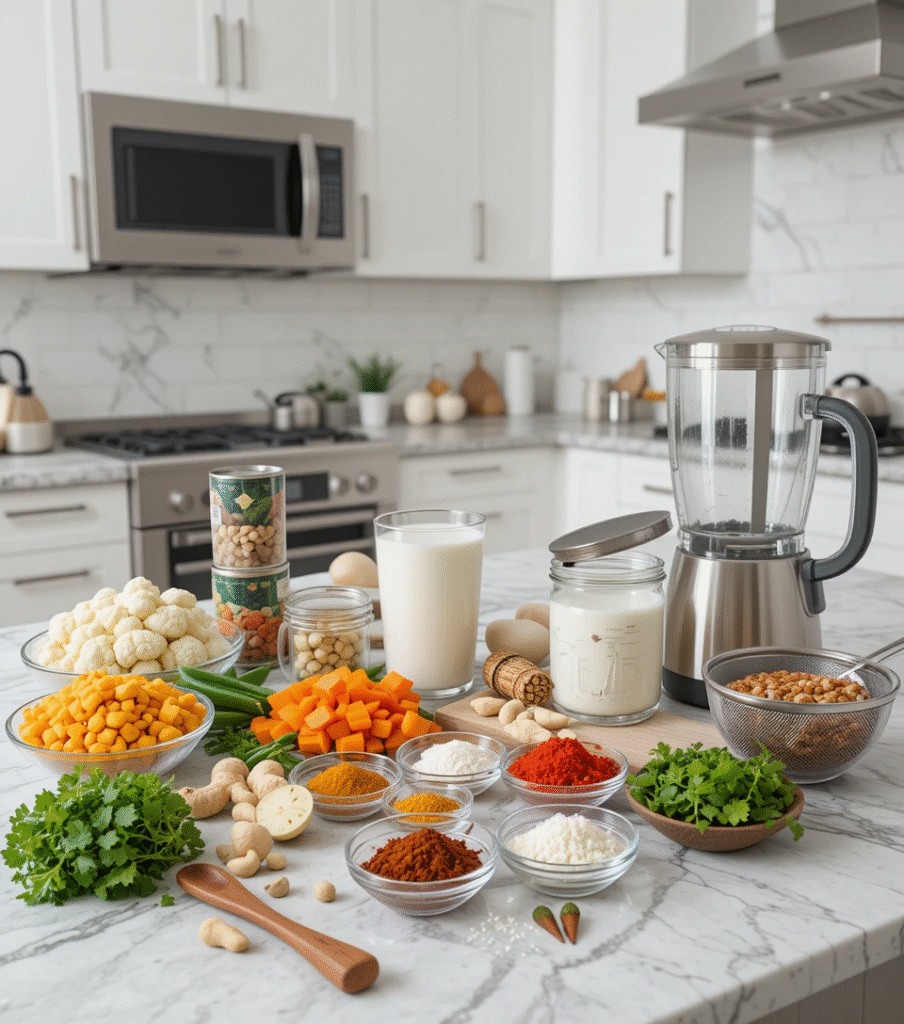 Vegetable Korma Vegetable korma ingredients on a quartz countertop in a modern kitchen with white cabinets and stainless steel utensils.