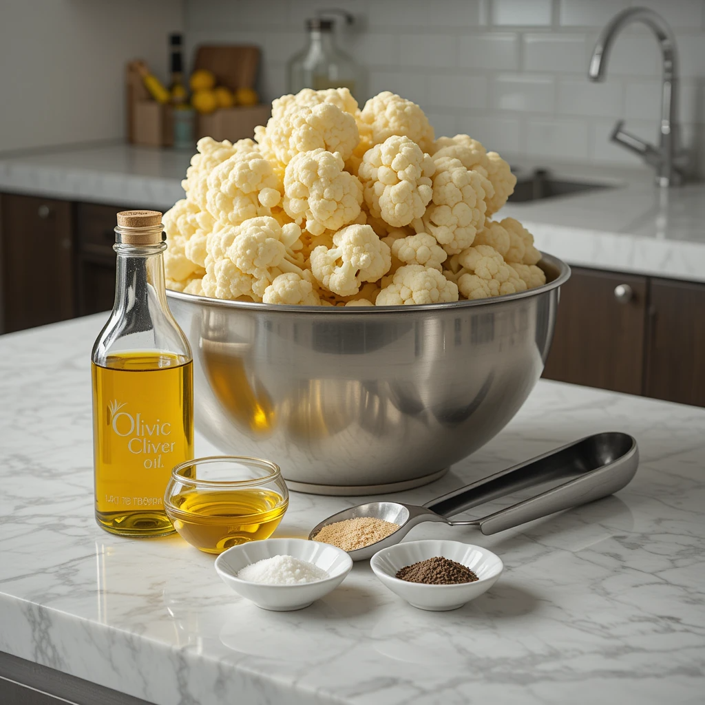 Sheet Pan Chicken and Cauliflower ite-sized cauliflower florets in a stainless steel bowl alongside olive oil, garlic powder, salt, and black pepper on a light stone counter in a modern kitchen.