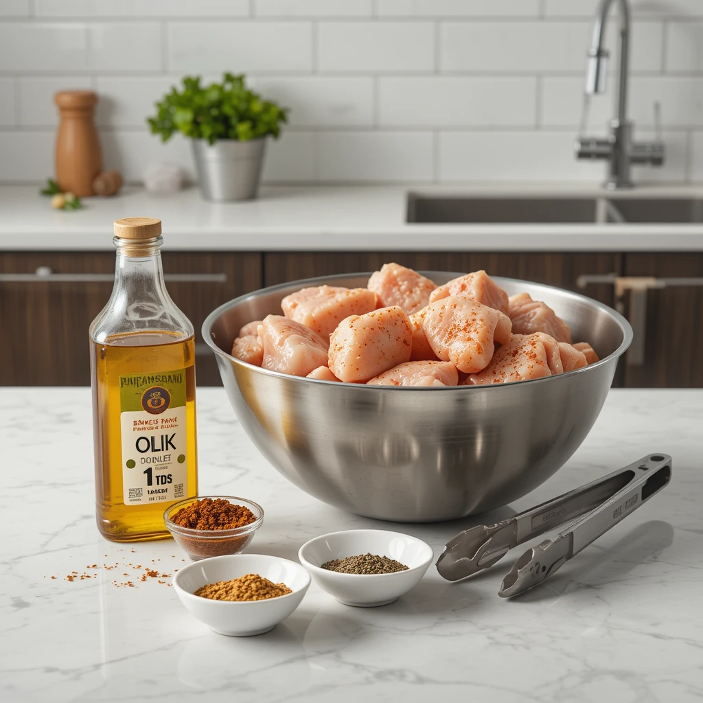 Sheet Pan Chicken and Cauliflower Raw chicken thighs in a stainless steel bowl alongside olive oil, smoked paprika, garlic powder, oregano, black pepper, and kosher salt on a light stone counter in a modern kitchen.