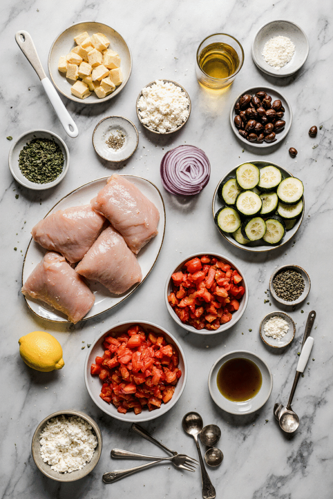 Greek Sheet Pan Chicken Fresh Greek sheet pan chicken ingredients arranged on a marble counter