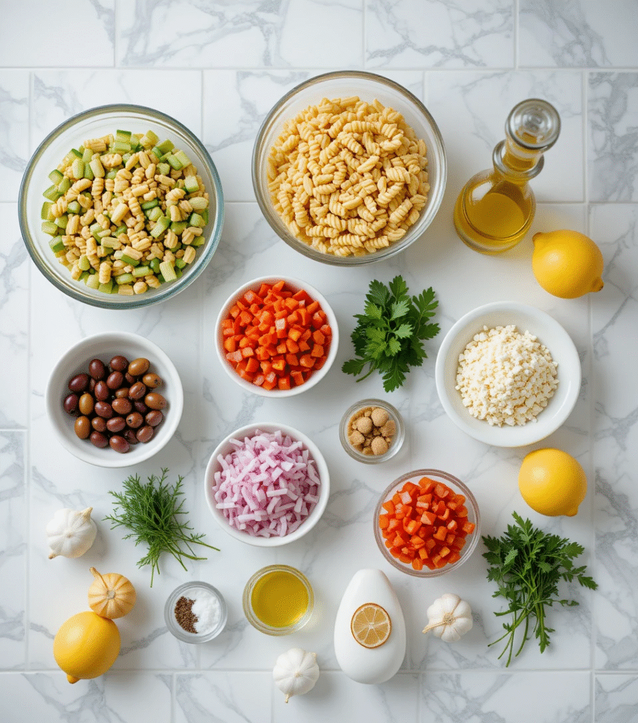 Orzo Salad Organized ingredient layout for Mediterranean orzo salad including fresh vegetables, feta cheese, herbs, and orzo pasta on marble countertop