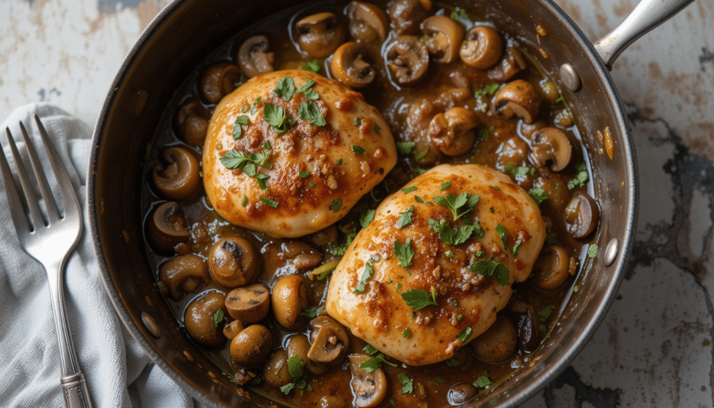 Golden seared chicken breast with rich Marsala wine sauce and caramelized mushrooms on white plate