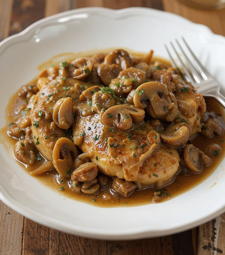 Golden Chicken Marsala with rich Marsala wine sauce and caramelized mushrooms on white plate