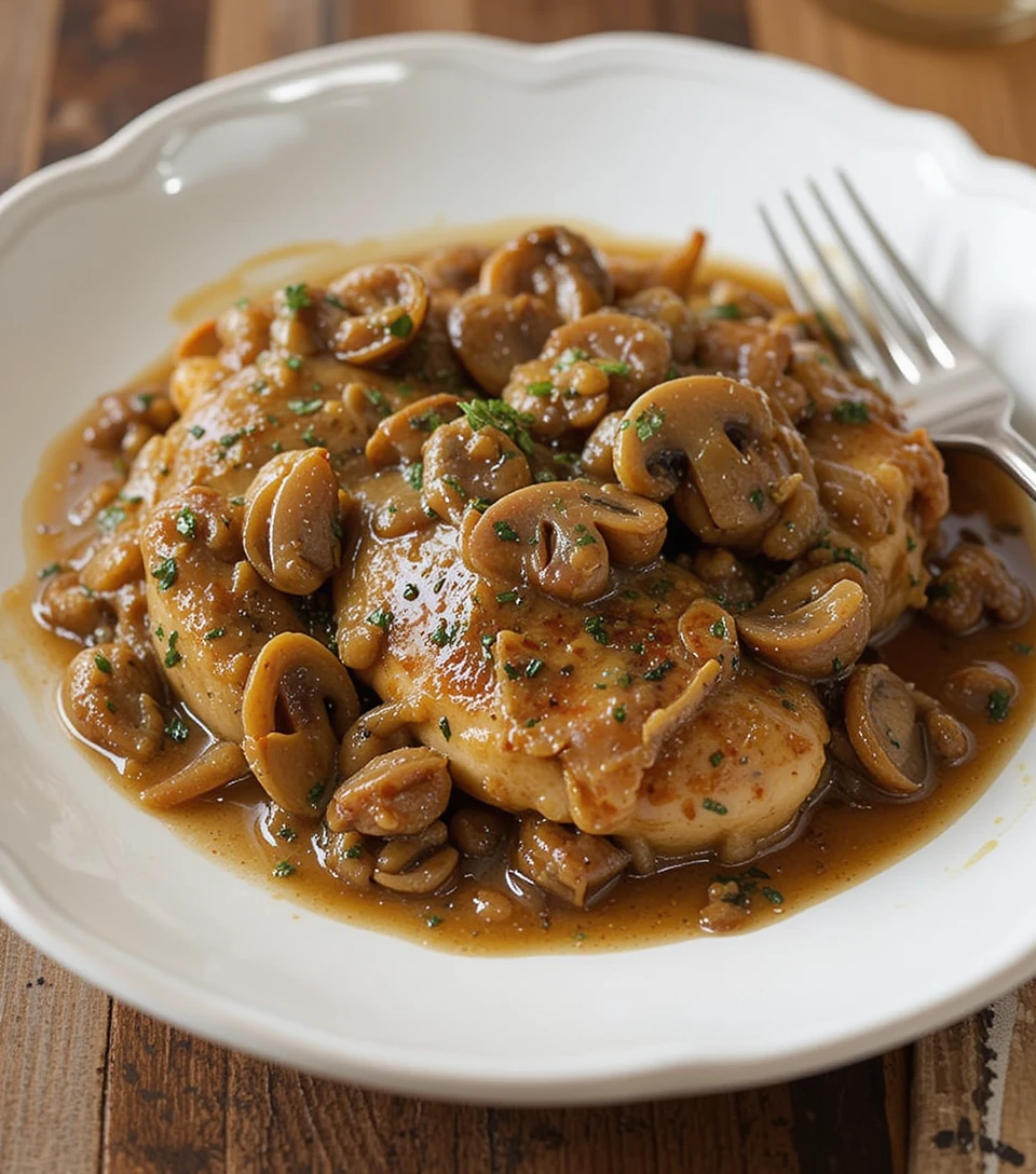 Golden Chicken Marsala with rich Marsala wine sauce and caramelized mushrooms on white plate