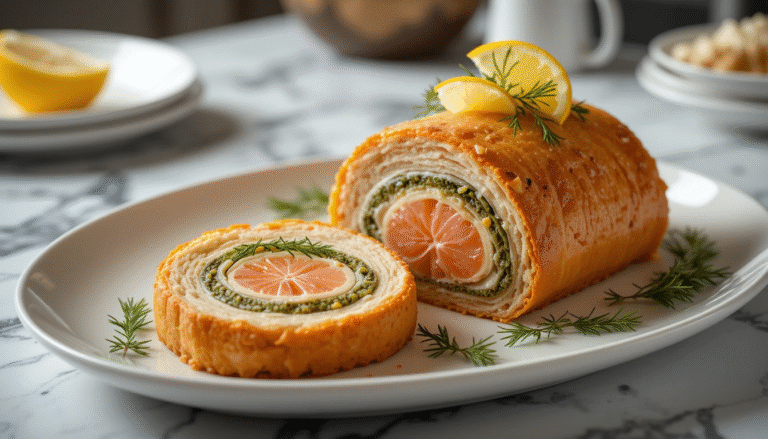 Sliced Salmon Wellington showing golden puff pastry layers with pink salmon and herb filling on white platter