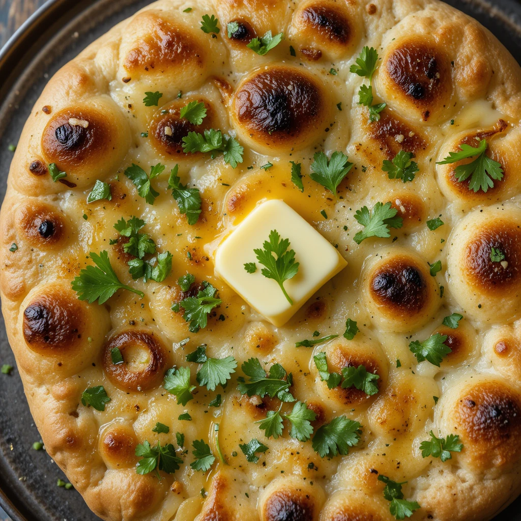 Easy Vegan Naan Freshly baked vegan naan bread with golden charred spots and cilantro garnish on wooden surface