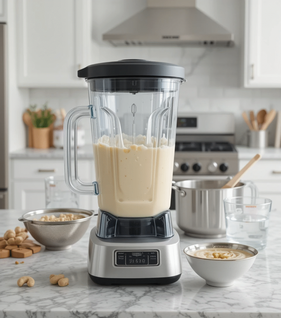 Vegetable Korma Blender with cashew cream and fine-mesh sieve on a quartz countertop in a modern kitchen.