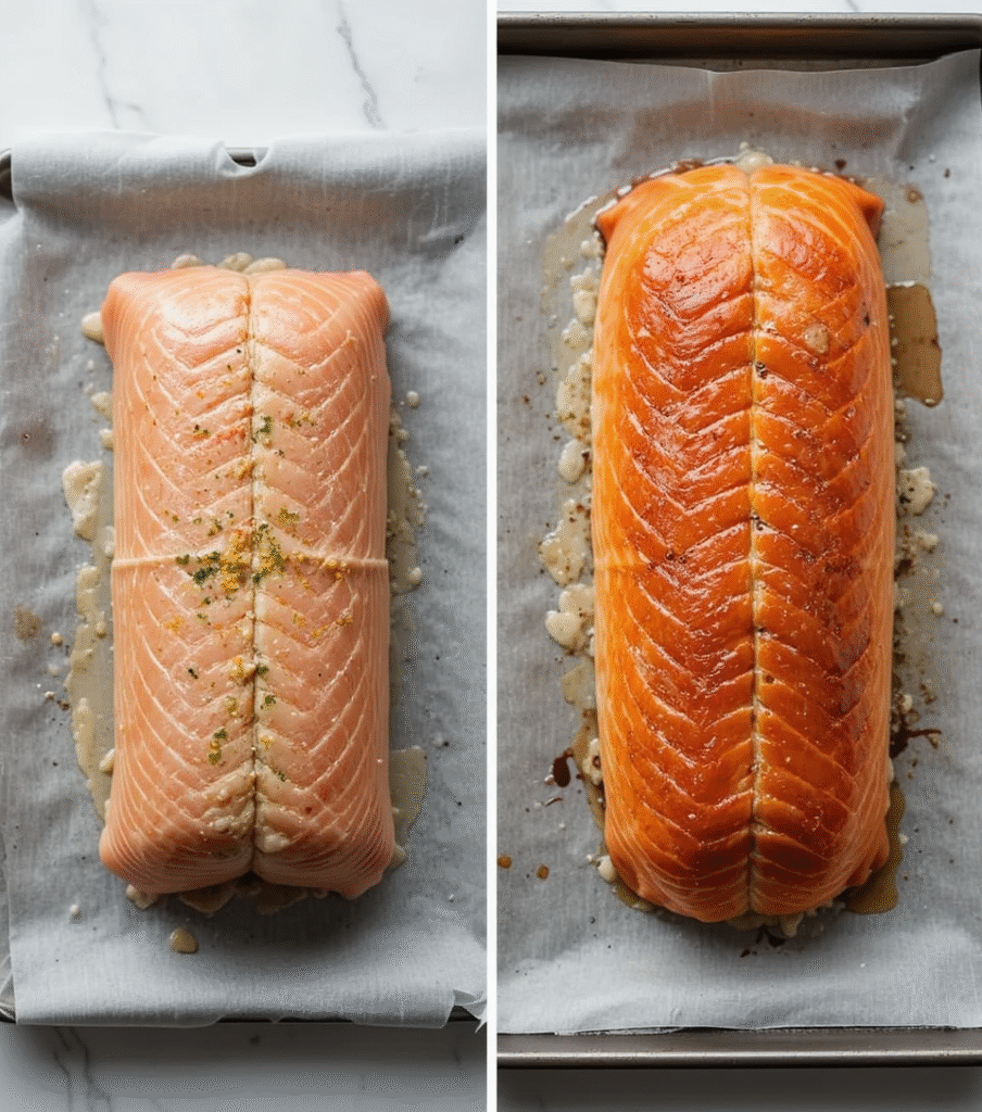 Split image showing raw Salmon Wellington ready for baking and golden-brown finished result