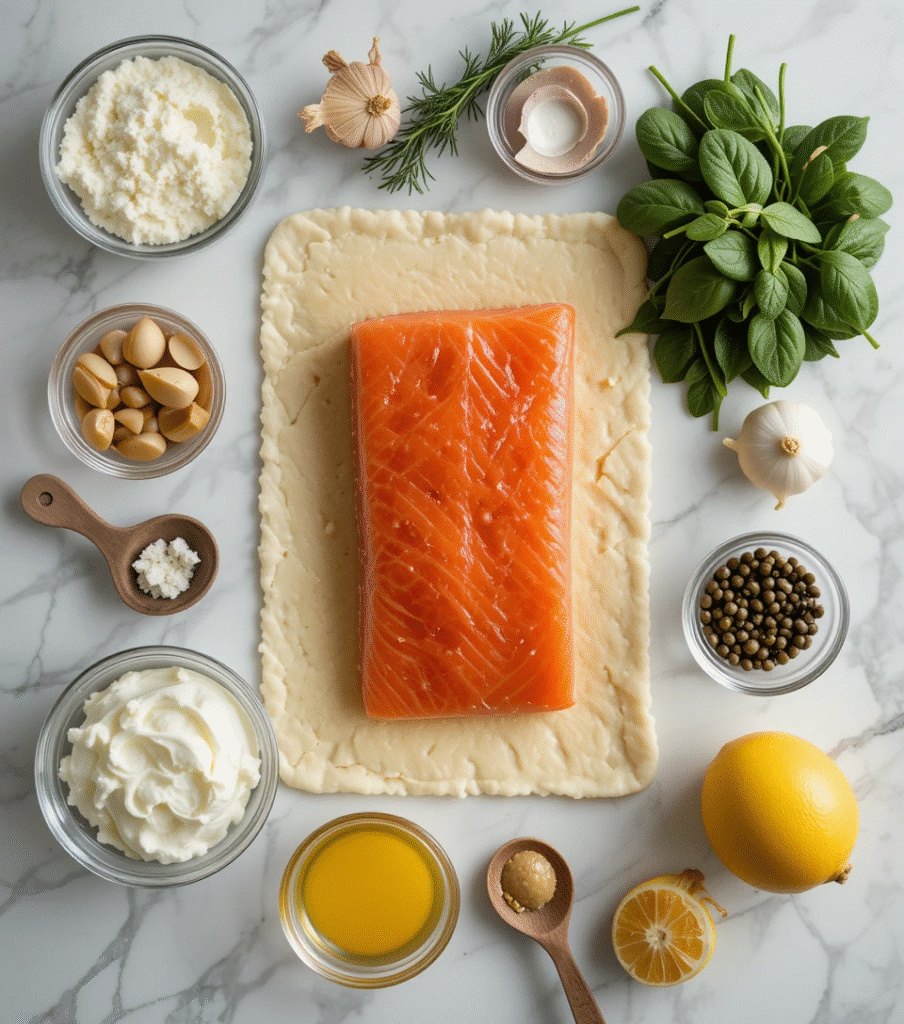 Overhead view of Salmon Wellington ingredients including fresh salmon, puff pastry, herbs, and cream cheese arranged on marble surface