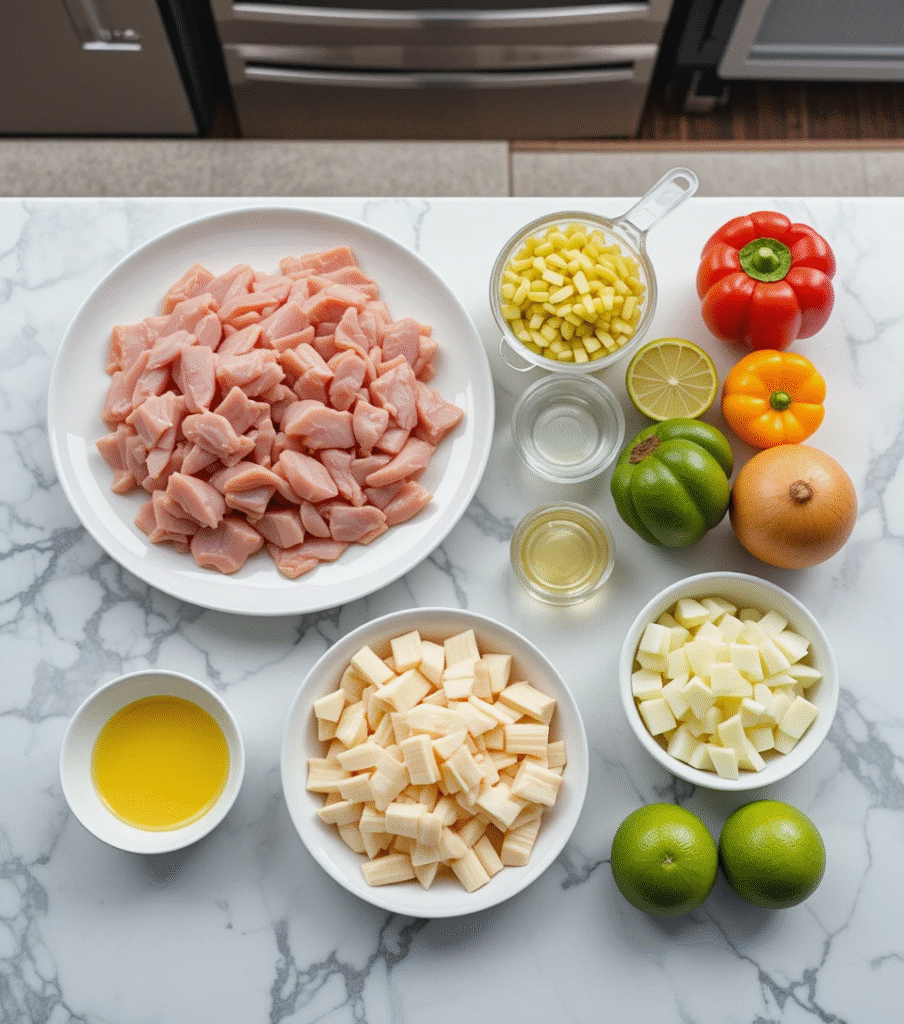 Sheet Pan Chicken Fajitas Fresh ingredients for sheet pan chicken fajitas including sliced chicken strips, colorful bell peppers, yellow onions, olive oil, and limes arranged on marble counter