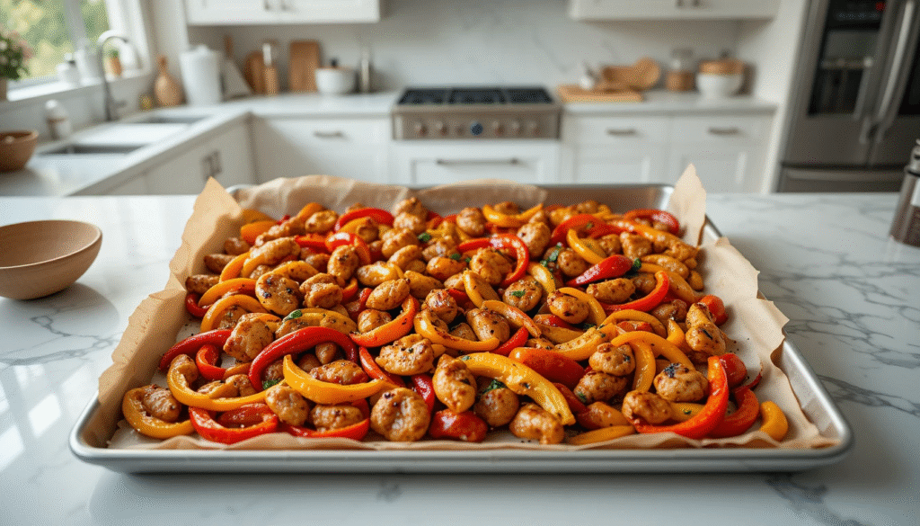 Sheet Pan Chicken Fajitas Sheet pan chicken fajitas with seasoned chicken strips, red and yellow bell peppers, and caramelized onions on parchment-lined baking sheet