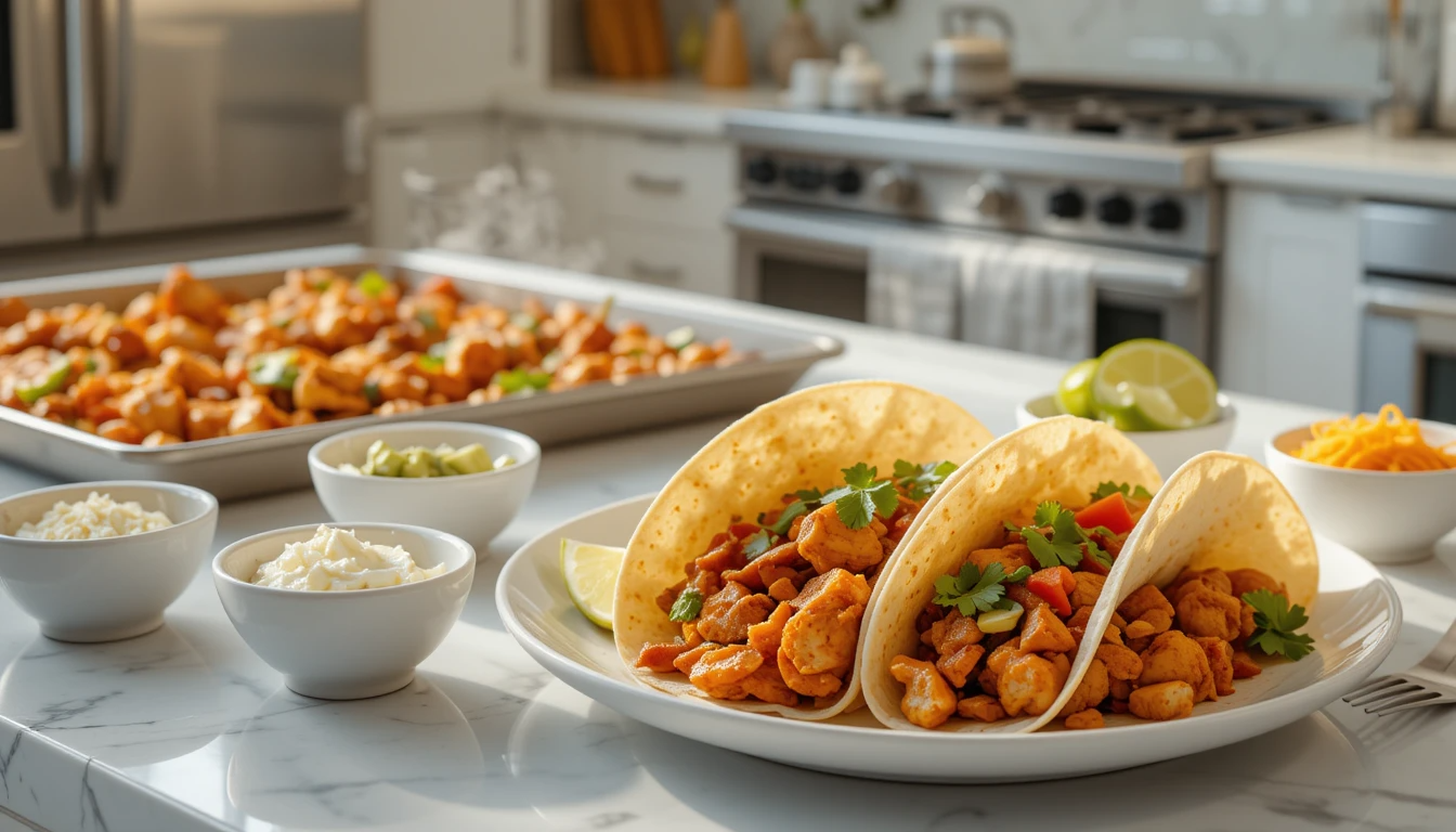 Sheet Pan Chicken Fajitas Plated sheet pan chicken fajitas with warm tortillas, fresh toppings, and colorful roasted vegetables on white ceramic plate