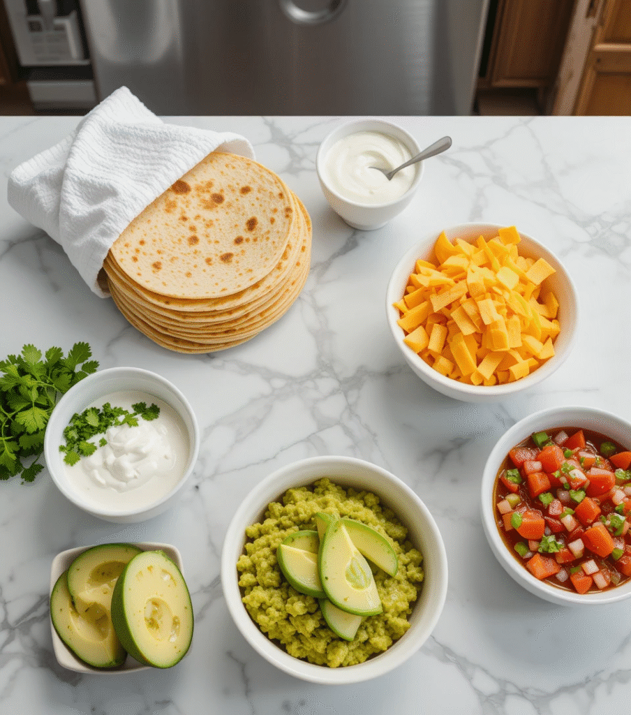 Sheet Pan Chicken Fajitas Fajita serving toppings including warm tortillas, fresh cilantro, sour cream, shredded cheese, guacamole, and salsa arranged in white bowls on marble counter