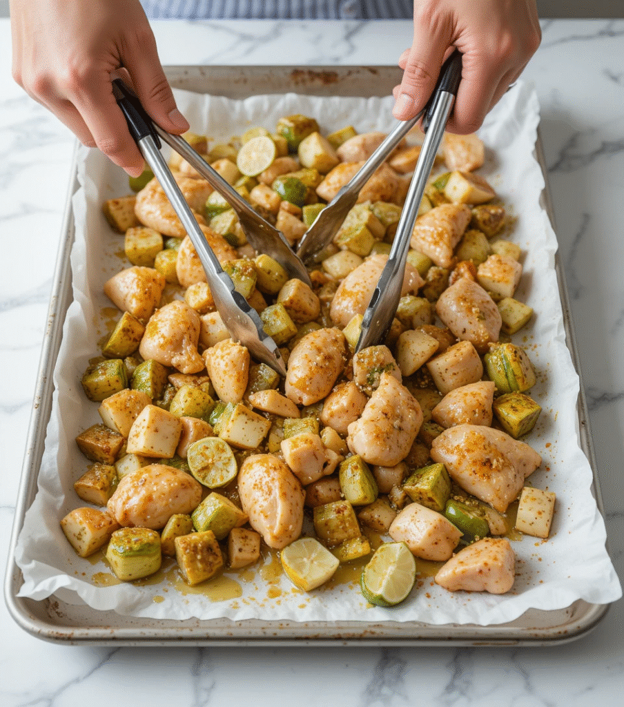 Sheet Pan Chicken Fajitas Hands tossing seasoned chicken and vegetables with olive oil and lime juice on sheet pan