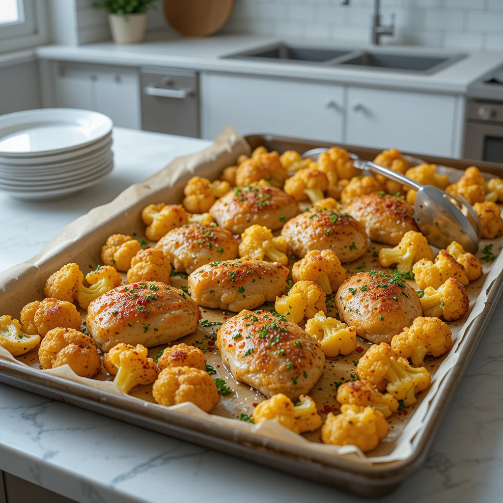 Sheet Pan Chicken and Cauliflower A baking sheet with golden-brown roasted Sheet Pan Chicken and Cauliflower florets and tender chicken thighs, garnished with parsley and lemon juice, on a light stone counter in a modern kitchen.