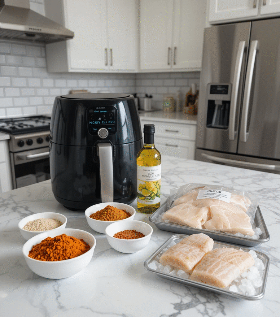 Ingredient substitutions for air fryer tilapia including regular paprika, cumin, olive oil, butter, cayenne pepper, and fresh versus frozen fillets on white marble counter