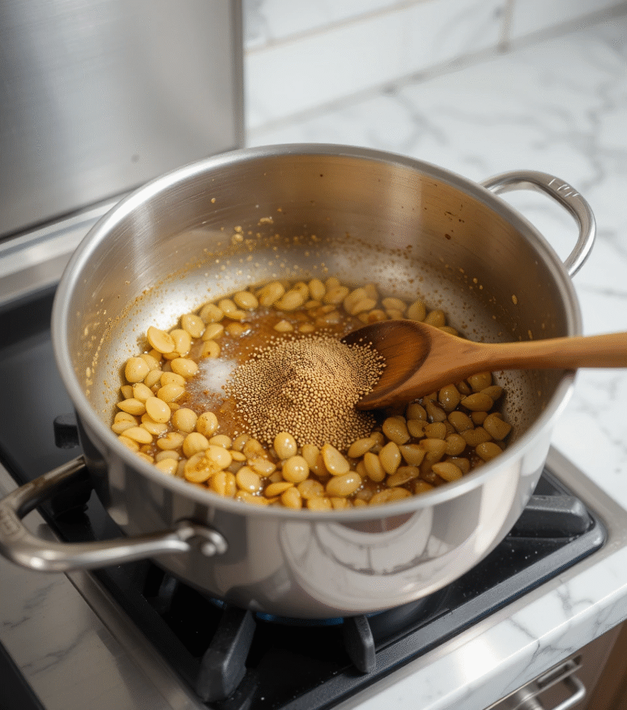 Chana Masala Cumin seeds sizzling in ghee with caramelized onions in stainless steel pan on marble counter