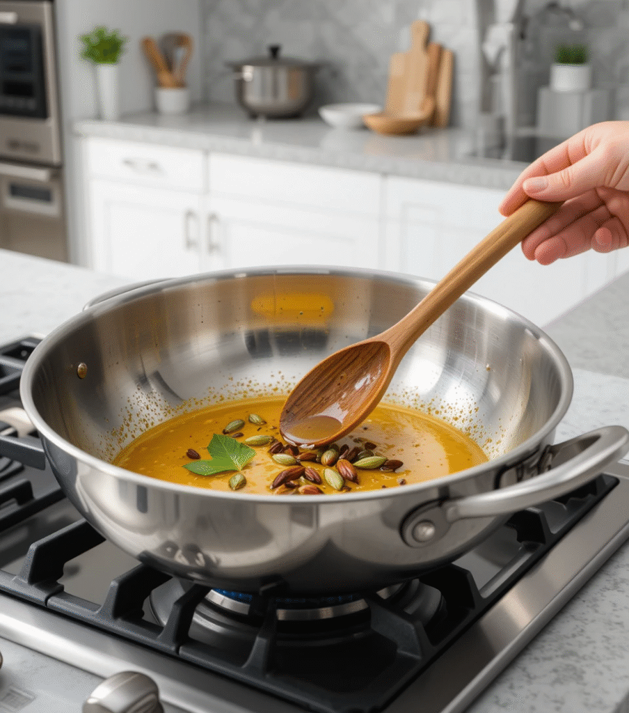Vegetable Korma Stainless steel pan with sizzling spices in ghee on a gas stove in a modern kitchen with quartz countertop.