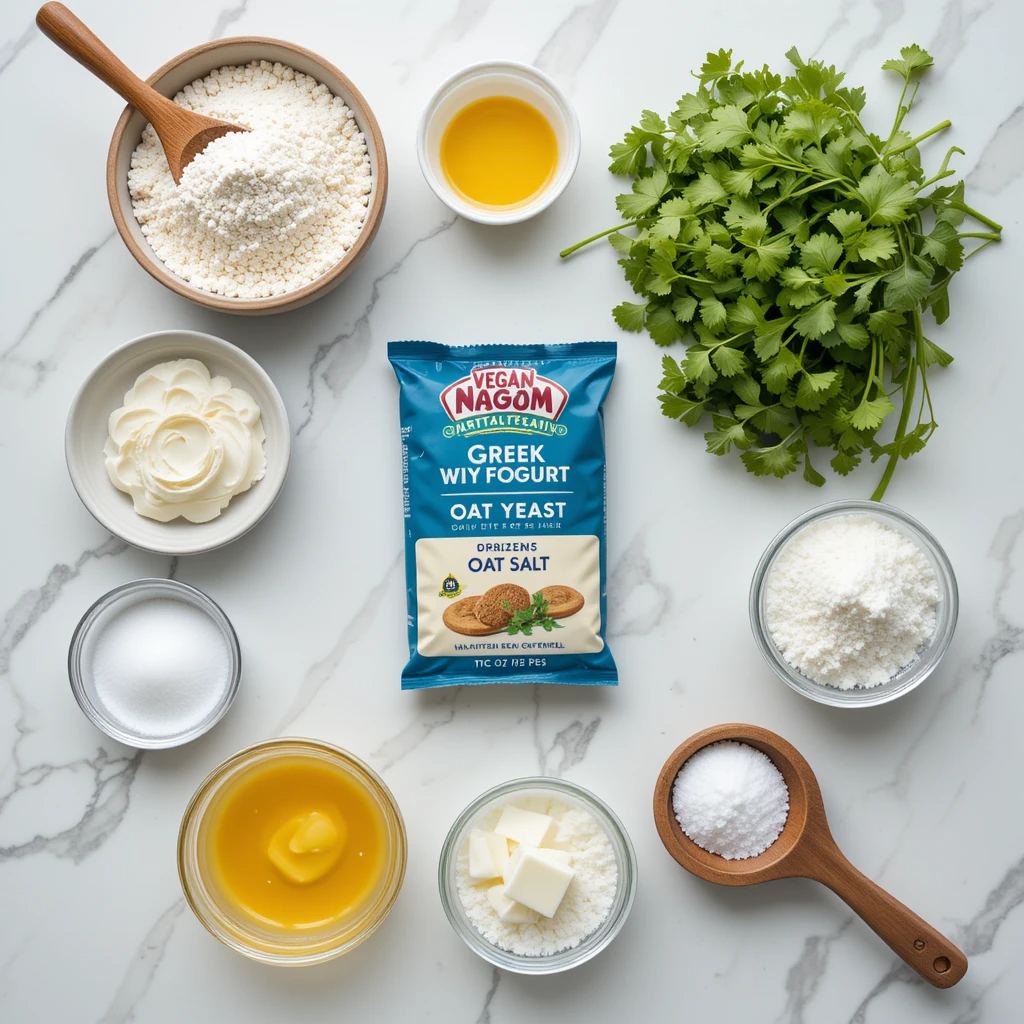 Easy Vegan Naan Vegan naan recipe ingredients flat lay with flour, oat milk, vegan yogurt, yeast and spices on marble surface